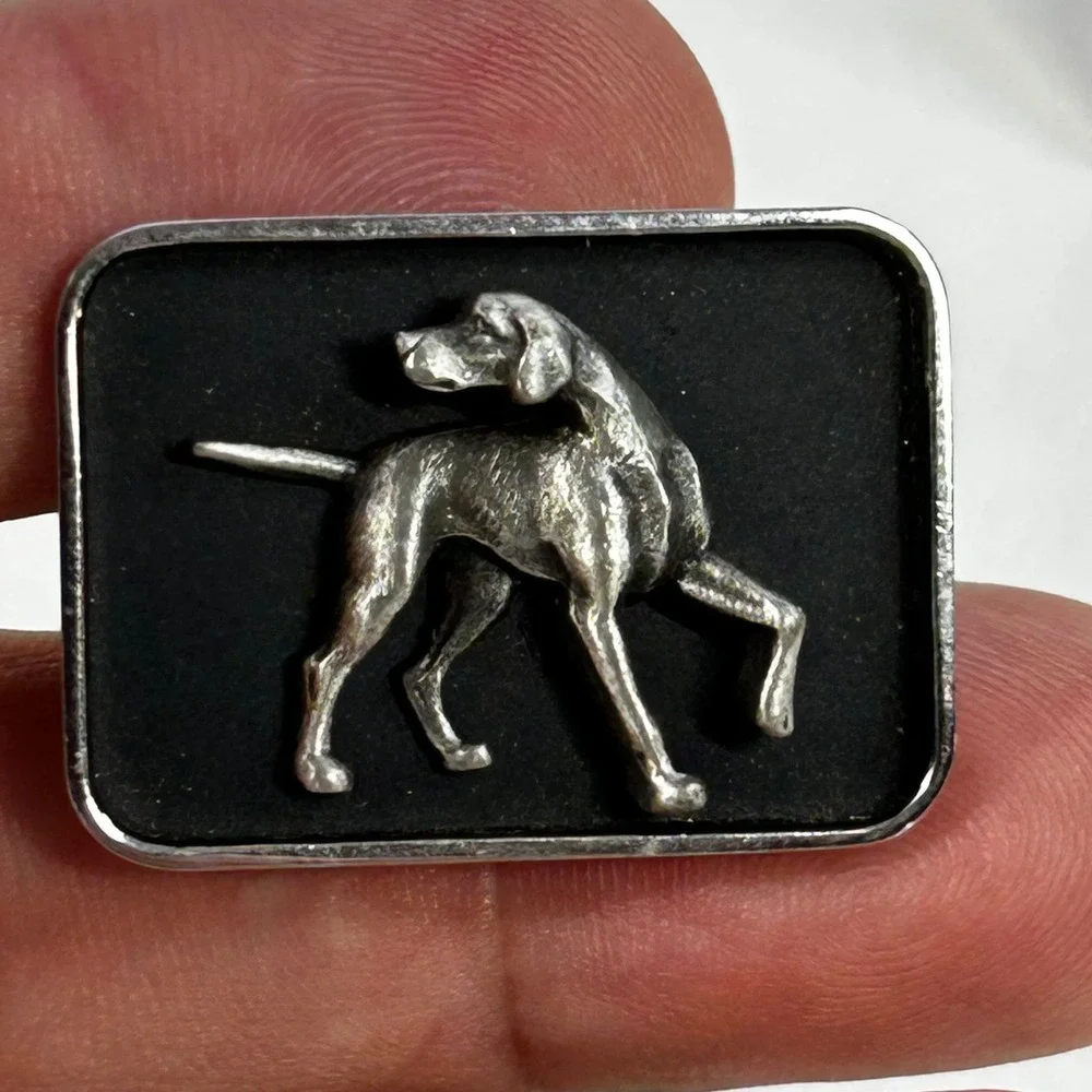 Silver Tone Hunting Dog Pointer Black Enamel Rectangular Cufflinks Mens Jewelry